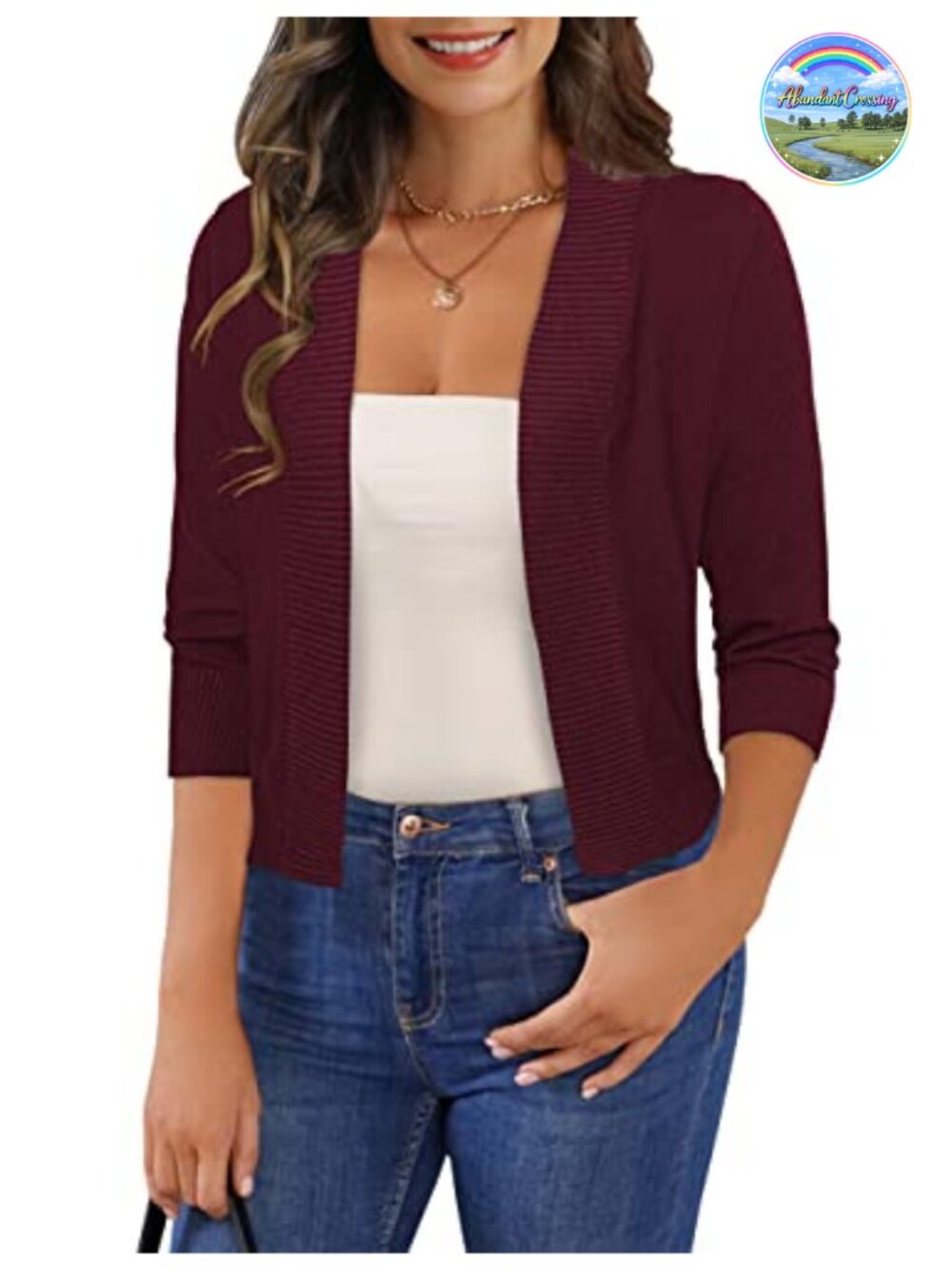 3/4 Sleeve Cropped Cardigan Shrug Open Front Rib Knit Lightweight